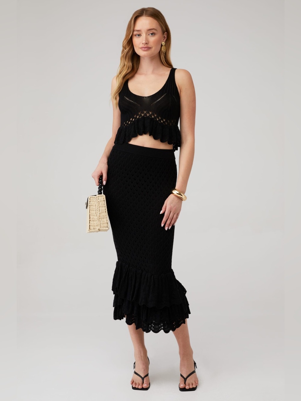 Beach Riot Polly Crochet Tiered Ruffle Over The Calf Skirt Medium Black Mermaid
